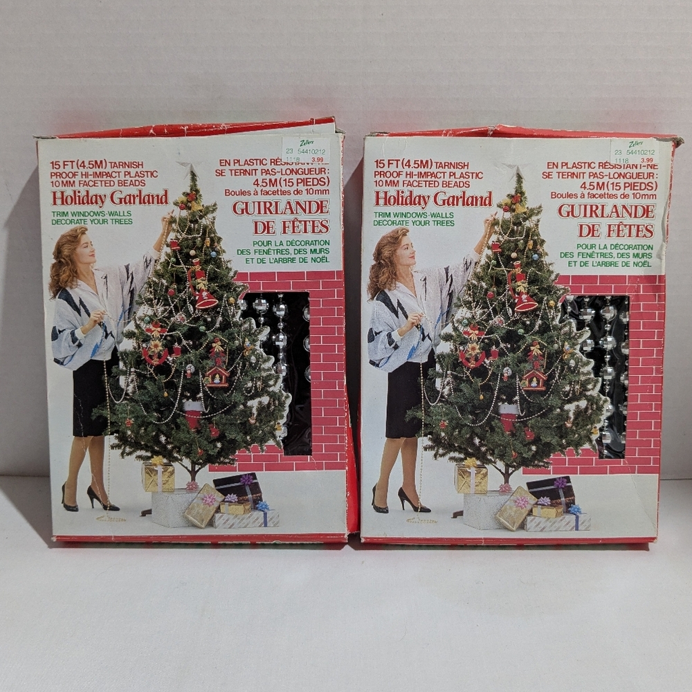 VTG Silver Holiday Garland 15 Feet 10mm Plastic Faceted Christmas Tree Beads NOS